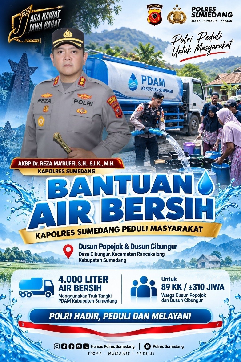 Kapolres Sumedang Salurkan 4.000 Liter Air Bersih untuk Warga Rancakalong